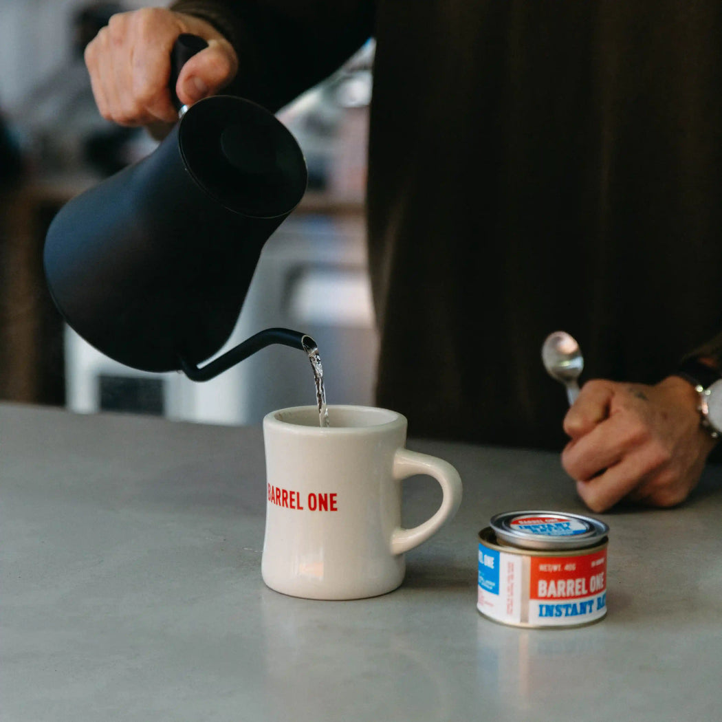 Brewing Barrel One’s natural process instant coffee from Yirgacheffe , Ethiopia. Notes of dried figs, nectarine, and vanilla. Grown at 1950-2050m above sea level. Variety: Heirloom. Process: Natural. Region: Gedeo, Yirgacheffe.
