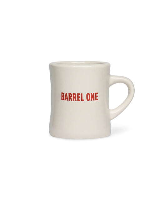 White Coffee Mug with "barrel One" logo printed. Elevate your coffee game with Barrel One's unique coffee mug. Perfectly crafted to hold your favorite brew and designed to make your coffee experience even better.