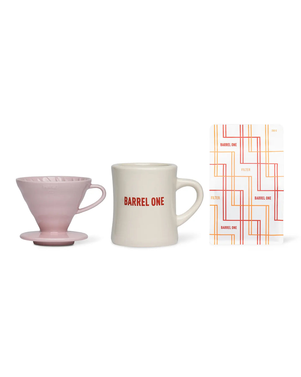 Barrel One's "Home Brewer's Pack". Including a Hario V60 Coffee Dripper, a mug and a bag of Single Origin Filter roast coffee