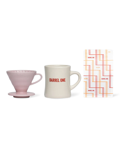 Barrel One's "Home Brewer's Pack". Including a Hario V60 Coffee Dripper, a mug and a bag of Single Origin Filter roast coffee