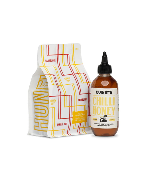 Barrel One's "Honey Honey Pack". Includes a bag of Honey Pot coffee beans and a bottle of Quinby's Honey