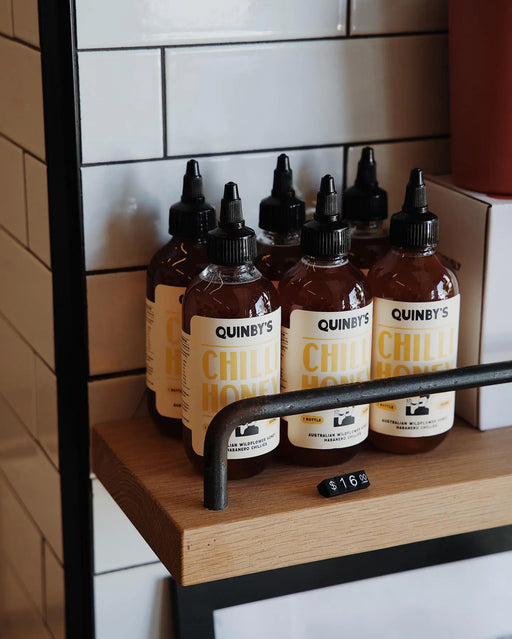Quinby's Australian Wildflower Honey + Habanero Chilli - Sweet and Spicy Blend. At the Barrel One store in Manly. Made with Raw Local Honey and Fresh Habanero. Perfect on Pizza, Chicken, Cheese, Fruit, Cocktails, and Gelato.