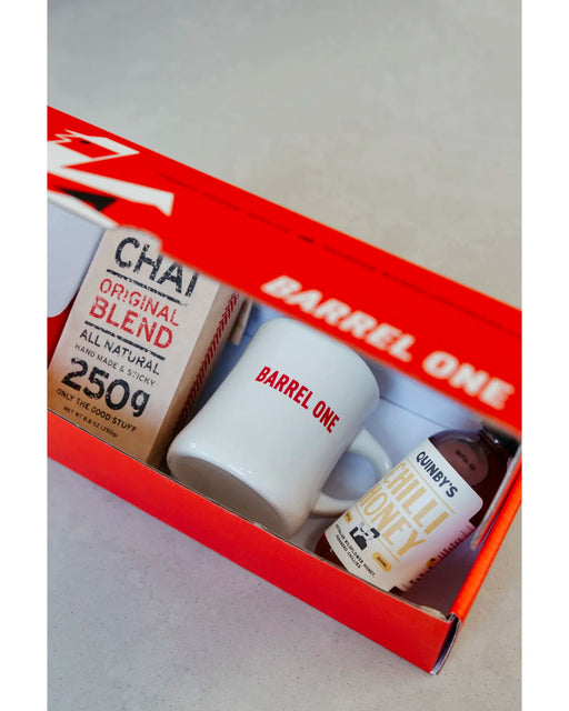 Barrel One Sweet Tooth Giftbox. Includes, A coffe mug, a bottle of Quinby's honey and a 250g bag of prana chai